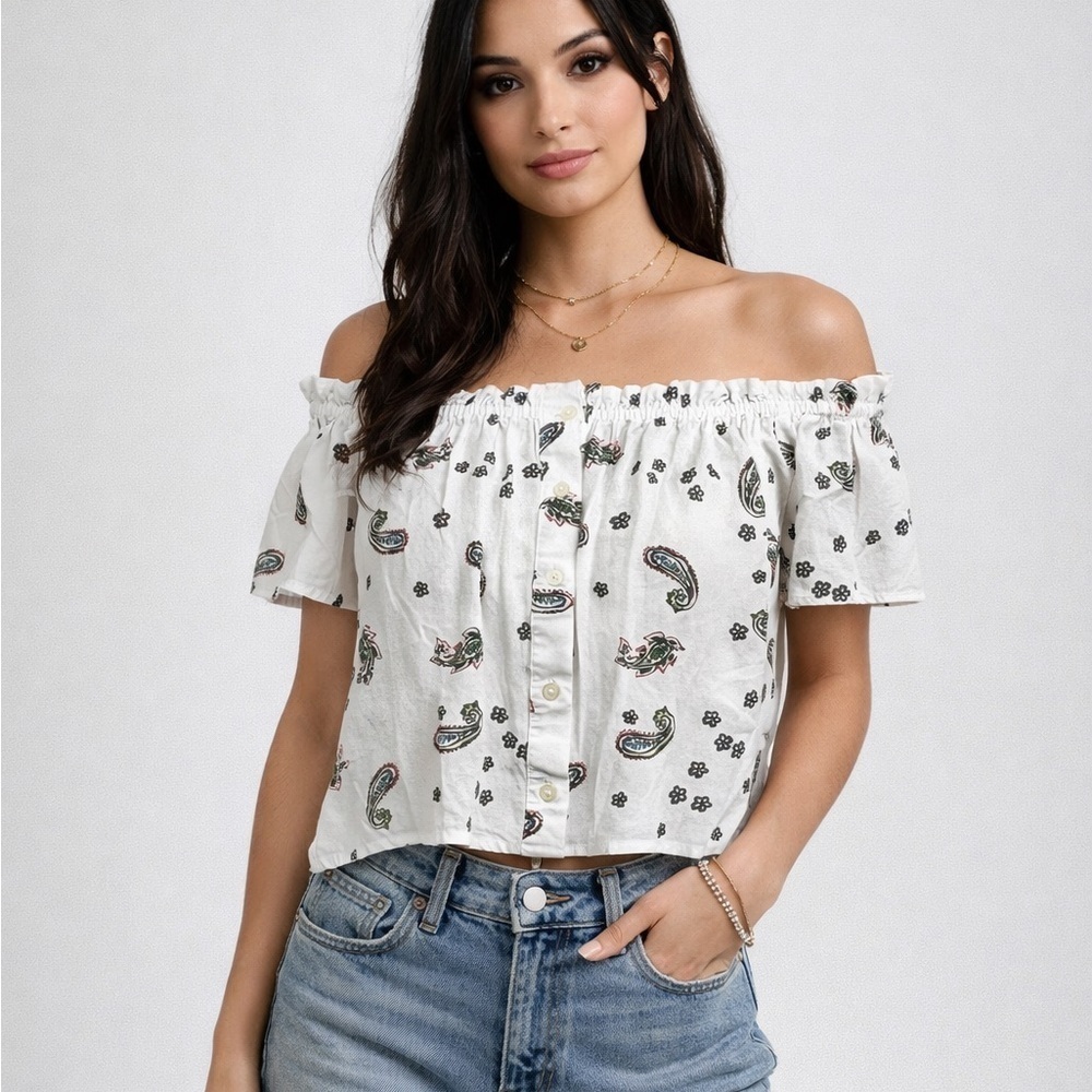 LOFT Off the Shoulder Paisley Boho Peasant Blouse White Button Up Cropped MP